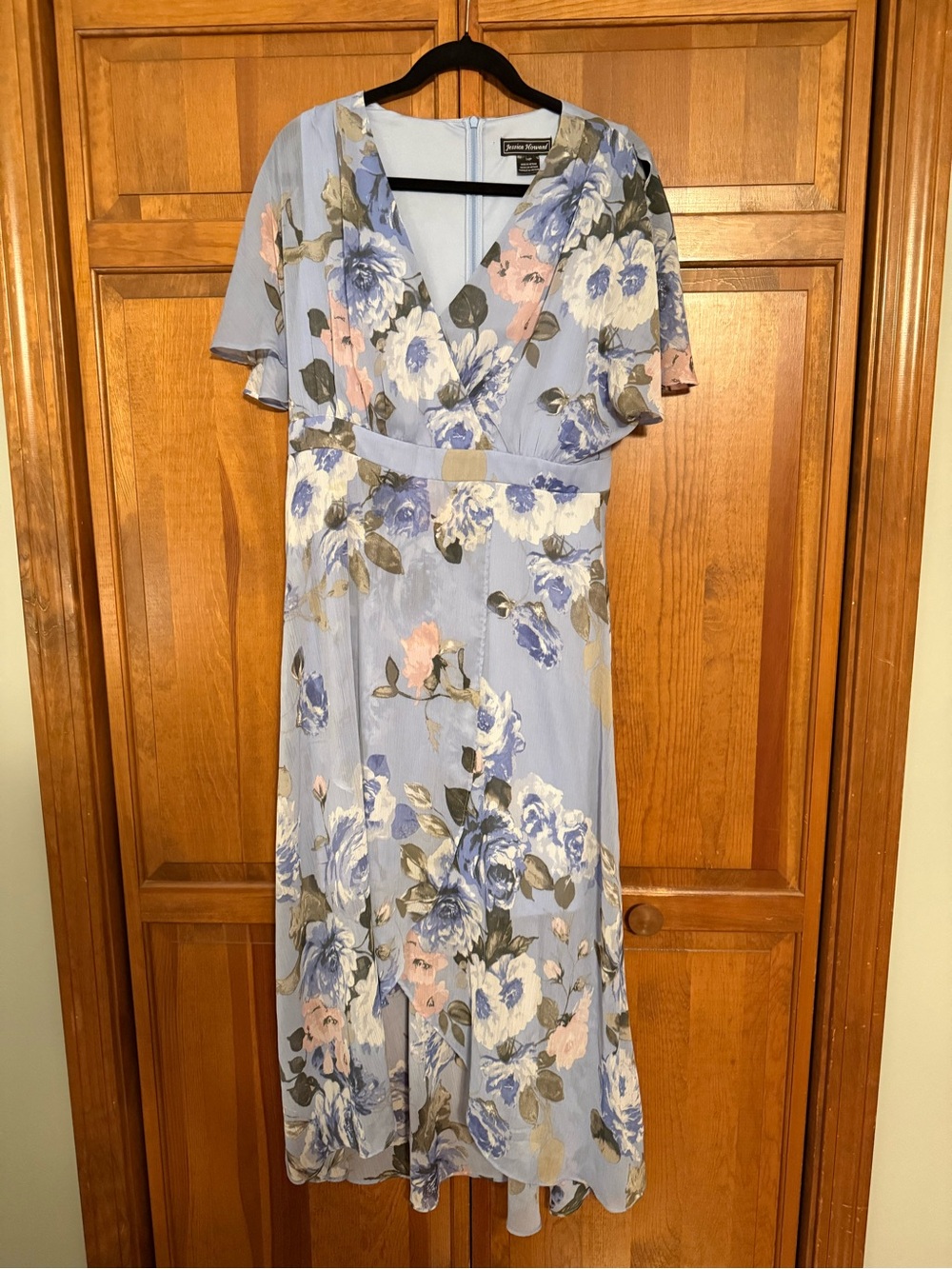 Floral Faux-Wrap Midi Dress in Light Blue by Jessica Howard